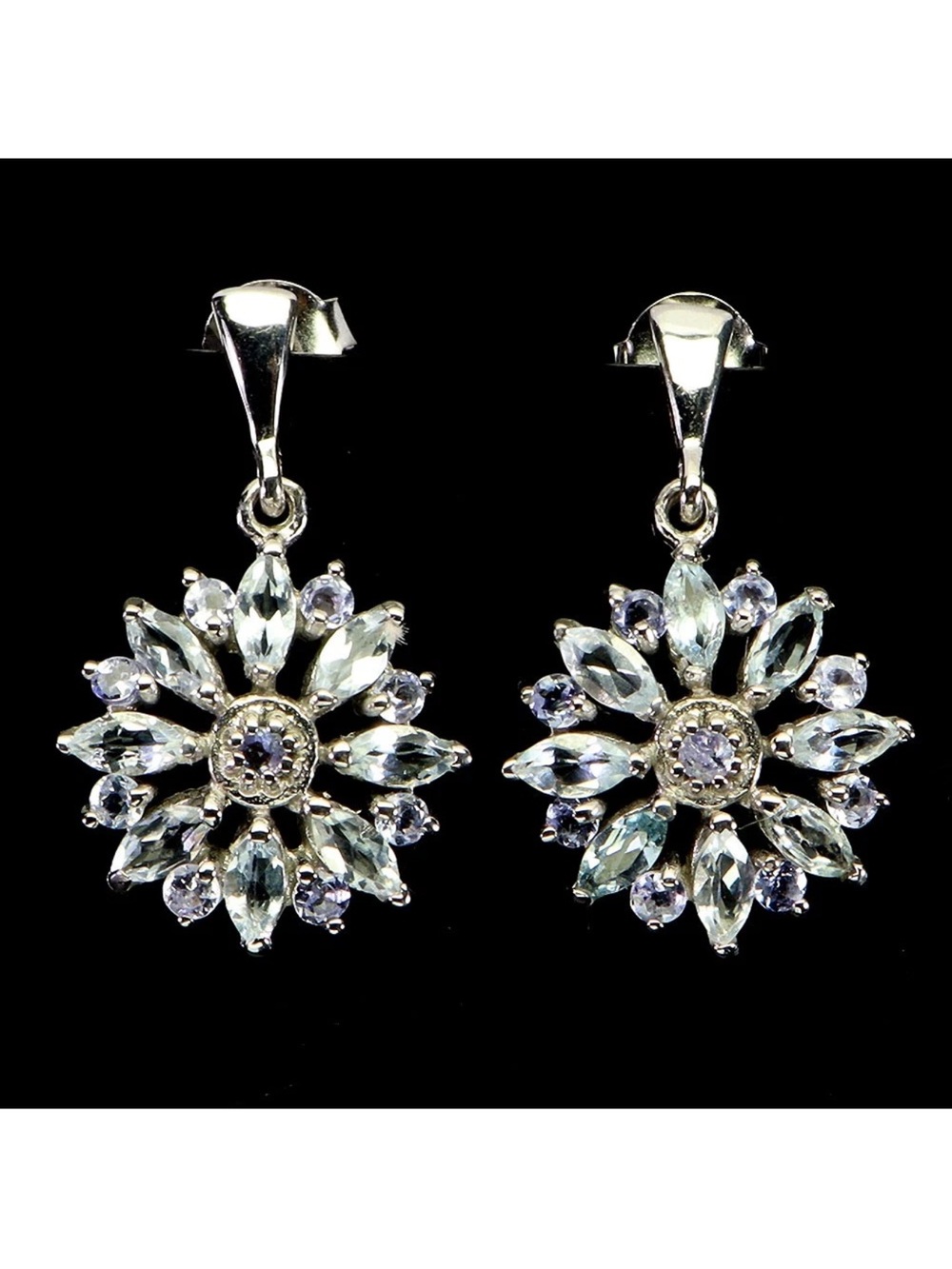 Natural Tanzanite & Sky Blue Topaz Flower - Drop Earrings 925 Sterling Silver